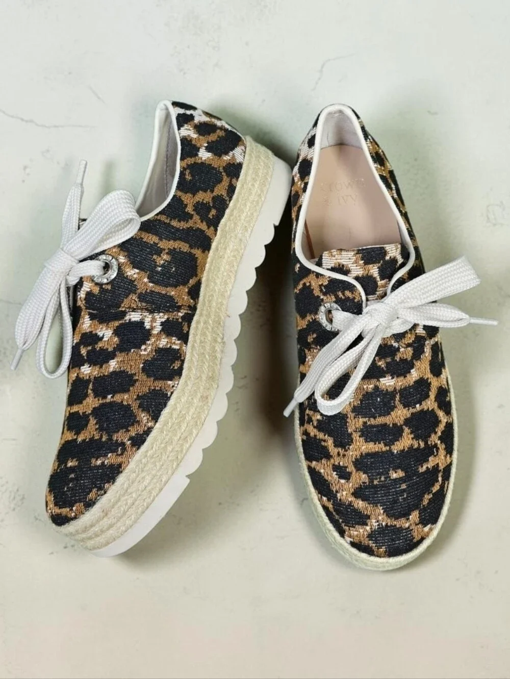 Crown & Ivy Dolly Espadrille Stacked Sole Leopard Woven Canvas Shoes Size 9